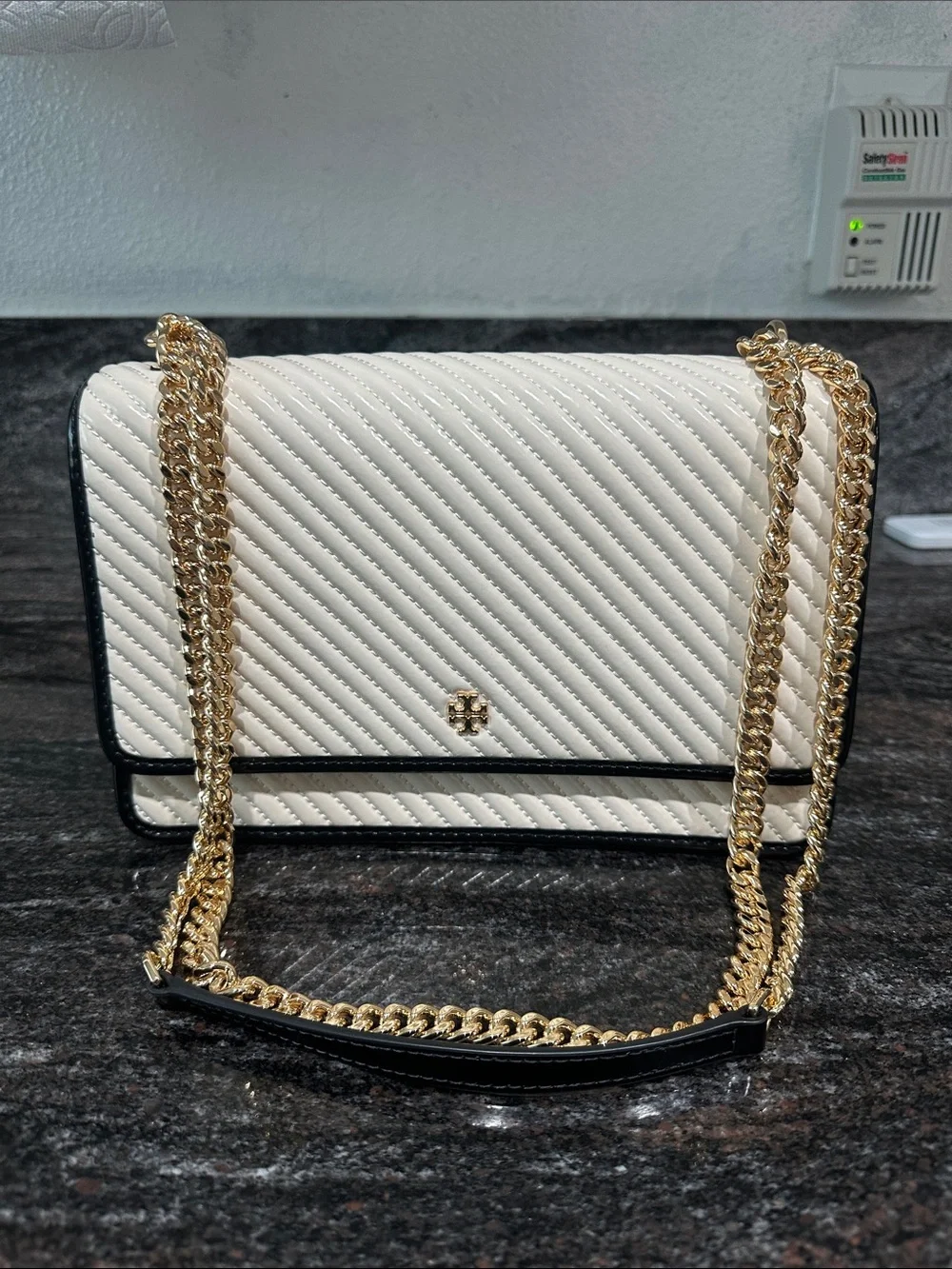 Tory Burch Quilted Cream Crossbody with Black Trim and Gold Chain
